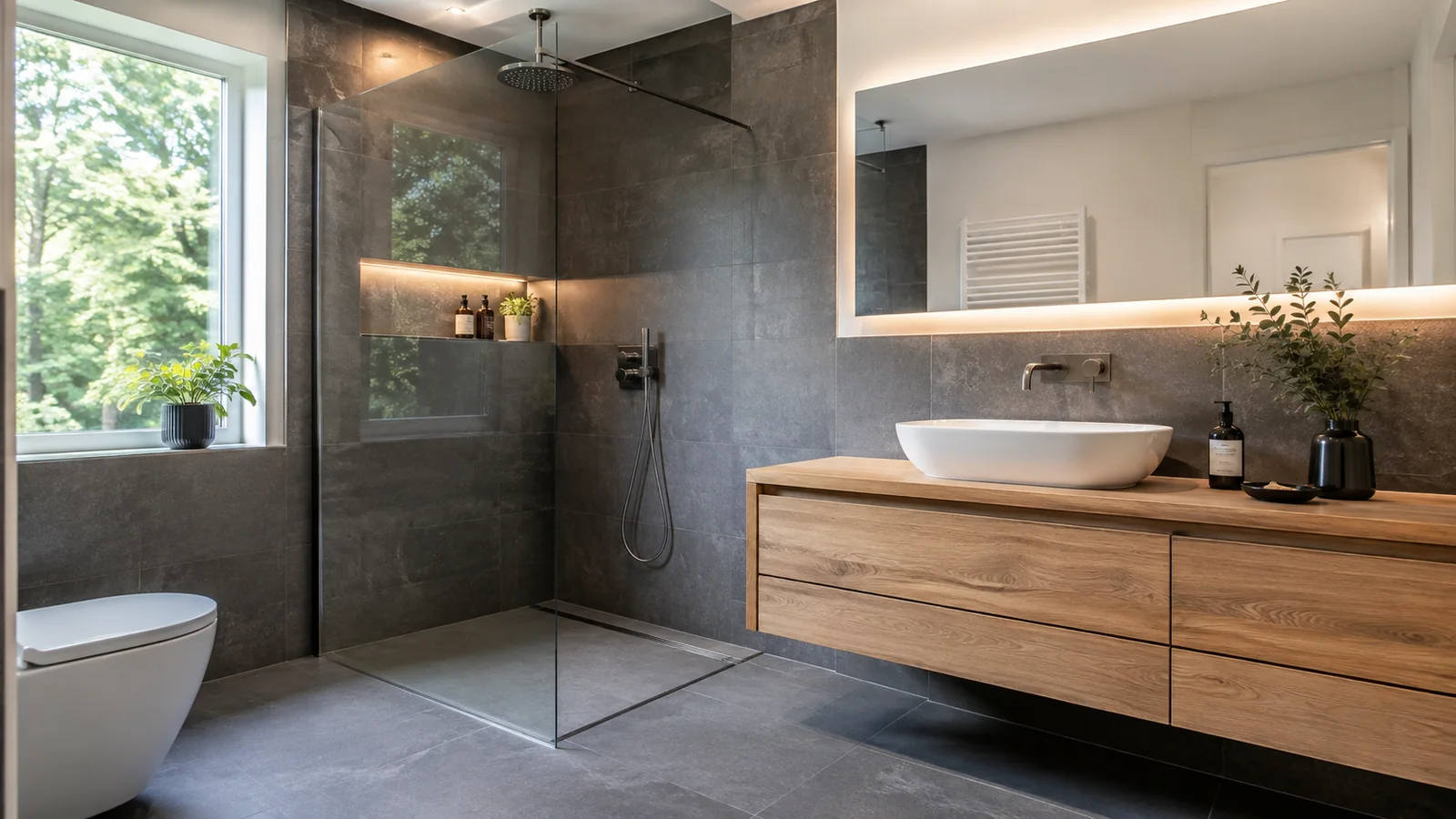 Modern saniertes Badezimmer mit bodengleicher Dusche